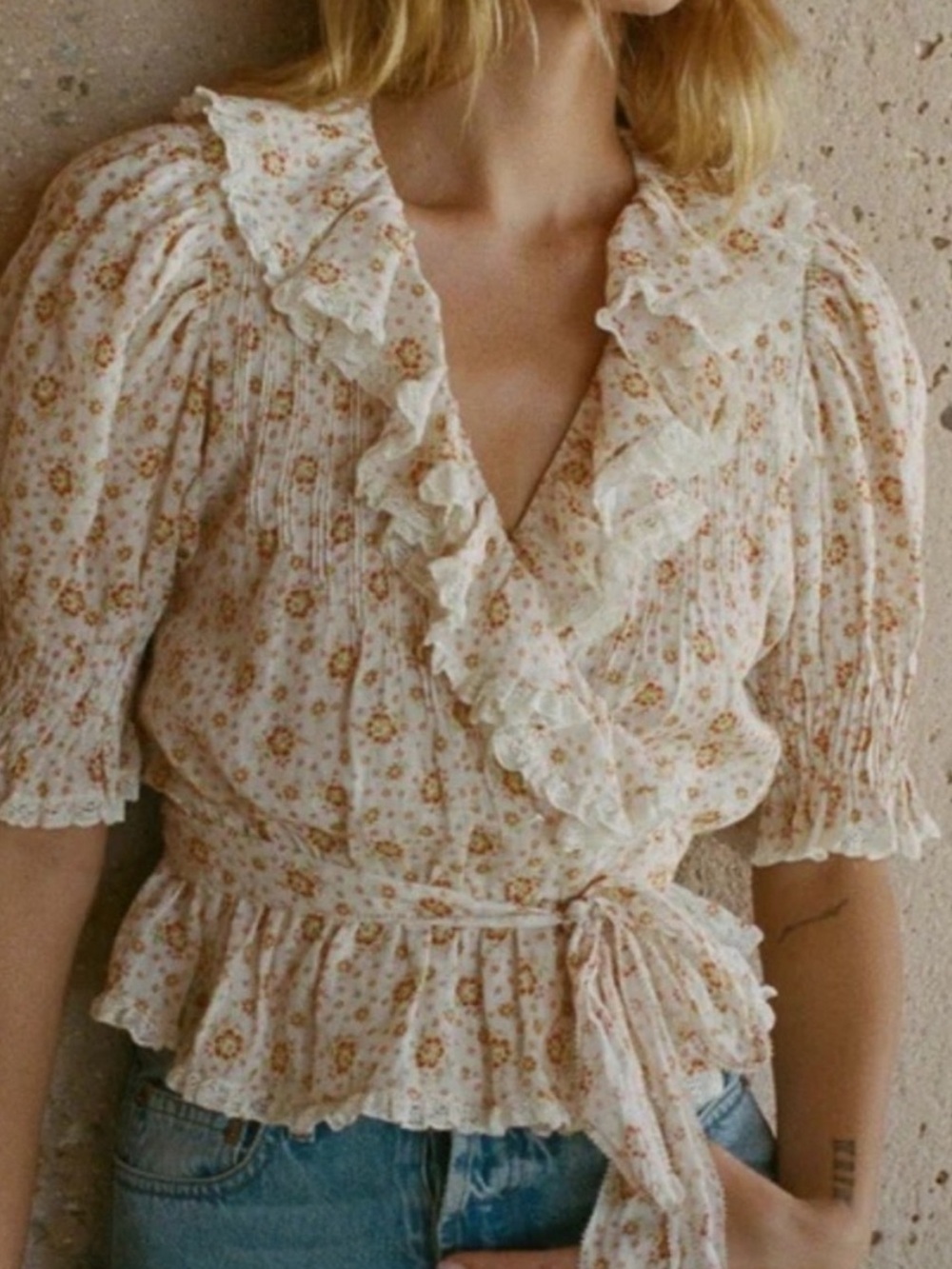 Dôen Thames Floral Ruffle Wrap Blouse
